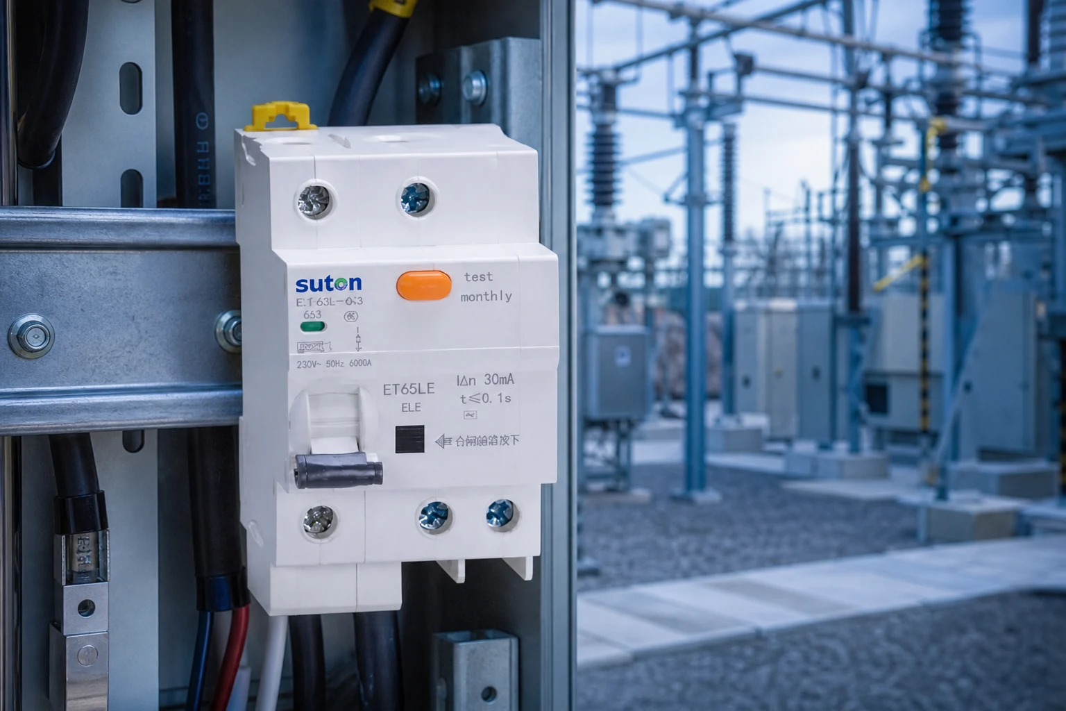 distribution board — SUTON official product with illustrative industrial background (not a real site photo)