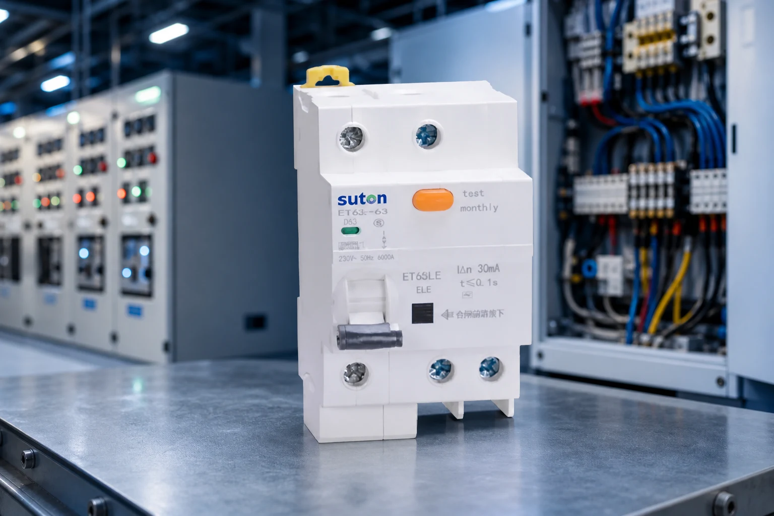 Distribution board illustration with circuit protection modules (illustrative background, not a site photo)