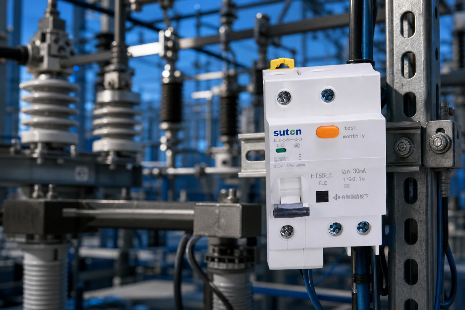 earth leakage circuit breaker — SUTON official product with illustrative industrial background (not a real site photo)
