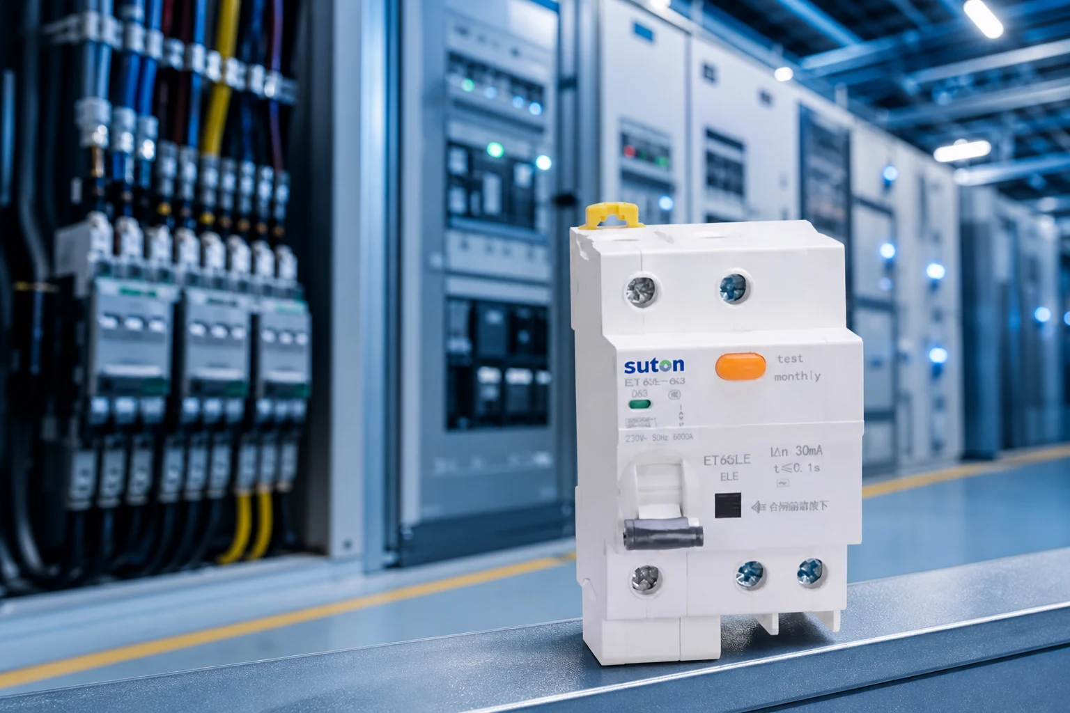 Earth Leakage Circuit Breaker illustration for panel builders (illustrative background, not a site photo)