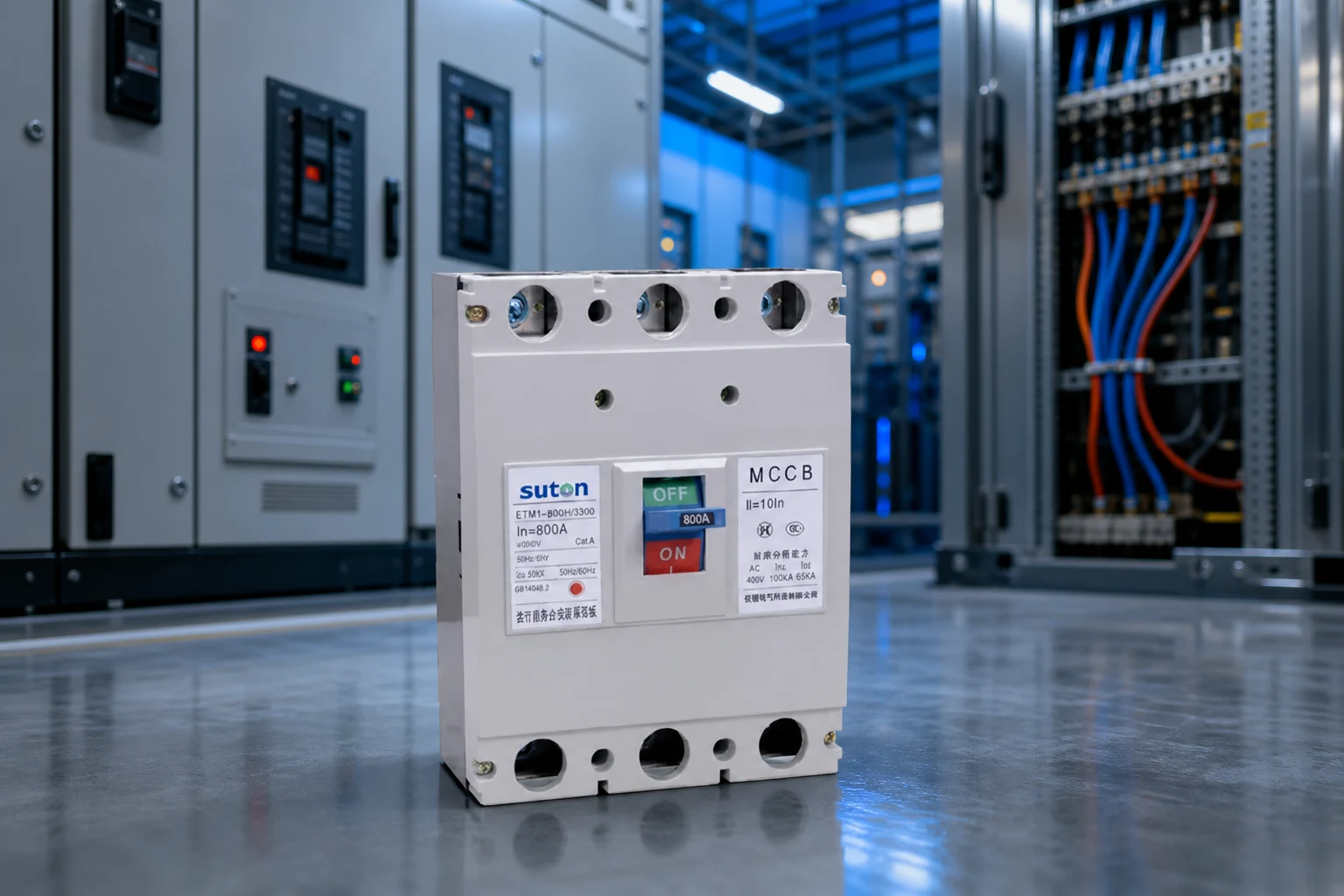 Main Switch illustration for panel builders (illustrative background, not a site photo)