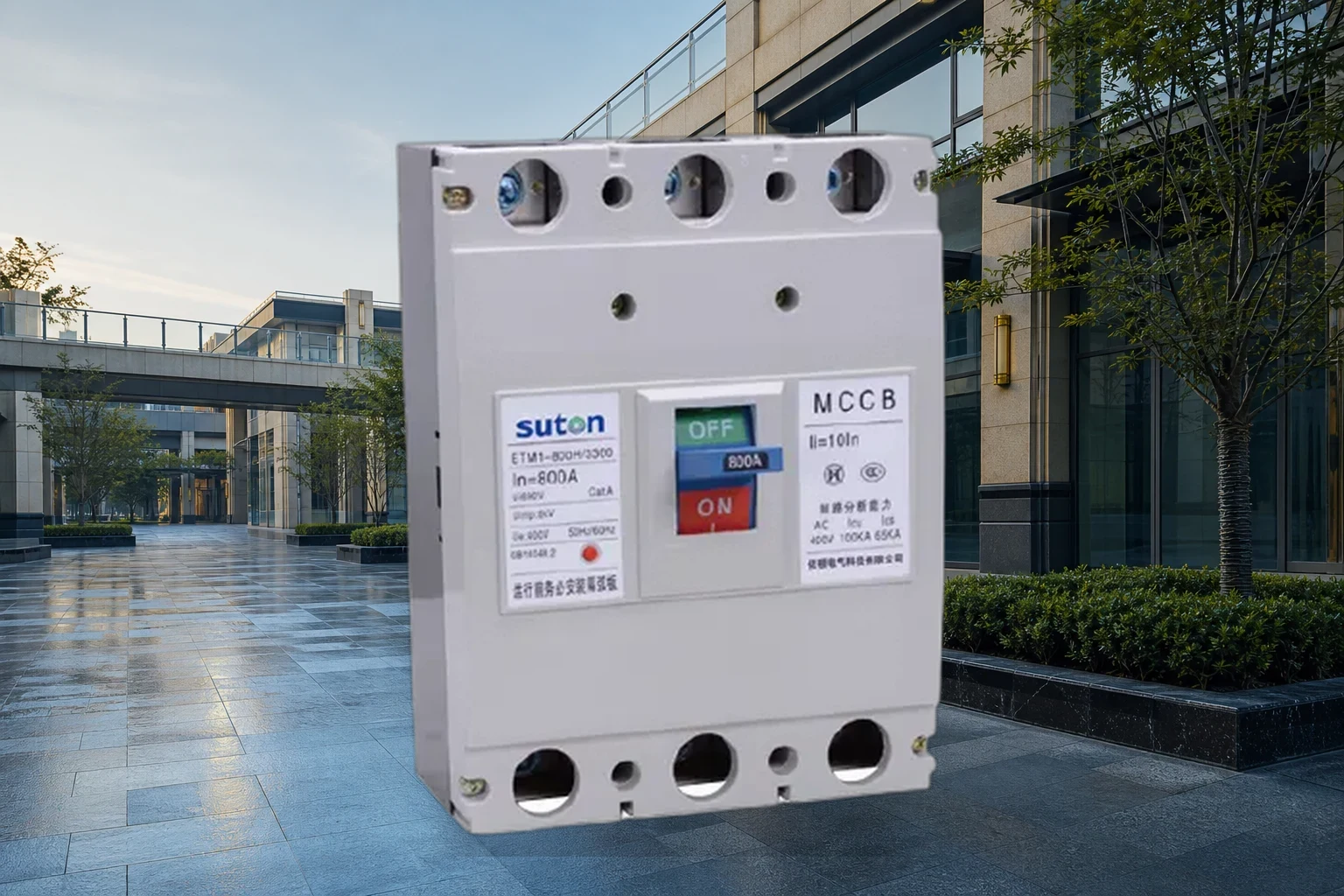 SUTON mccb — official product photo with illustrative scene background (not a real site photo)