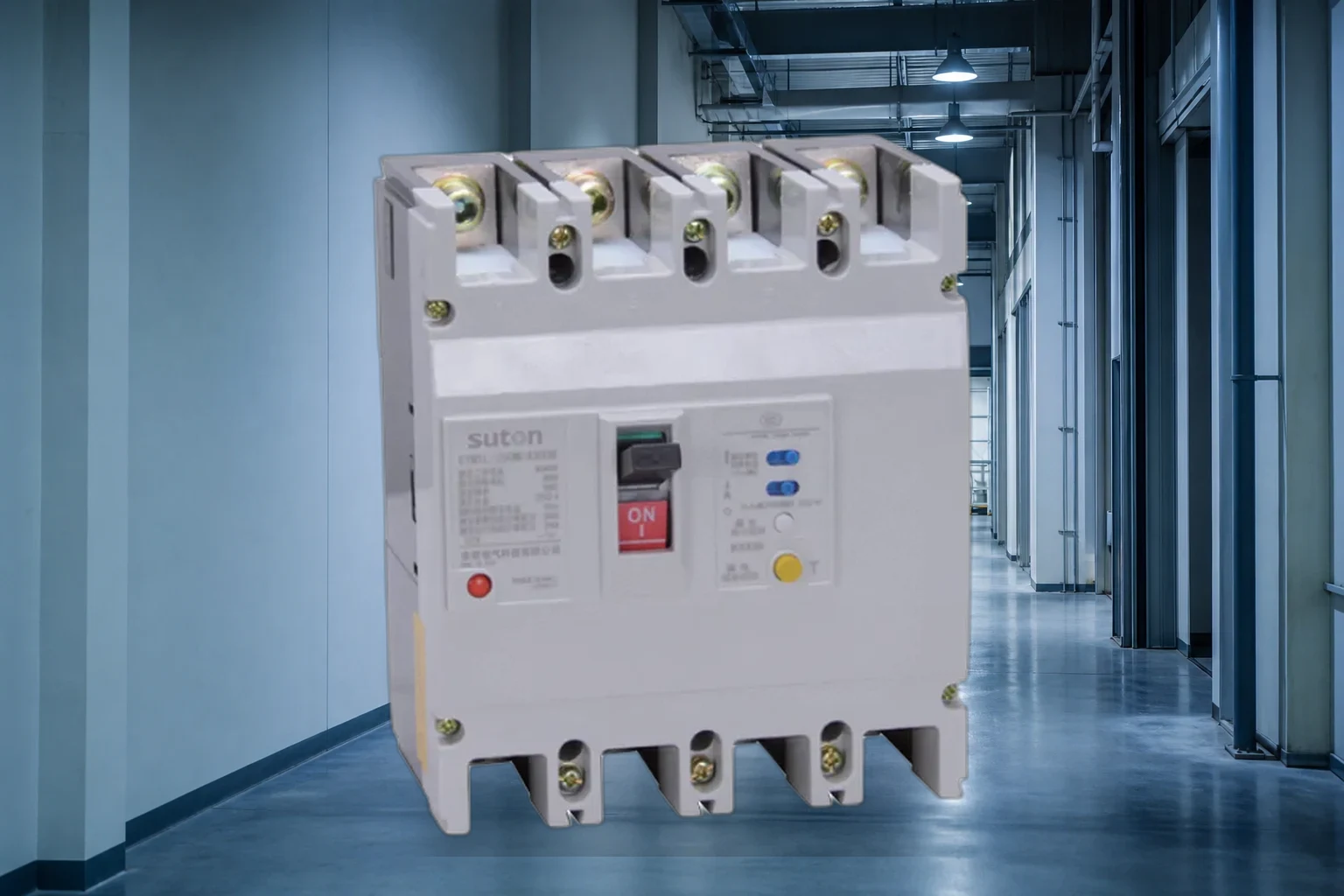 rcbo breaker — SUTON official product with illustrative industrial background (not a real site photo)