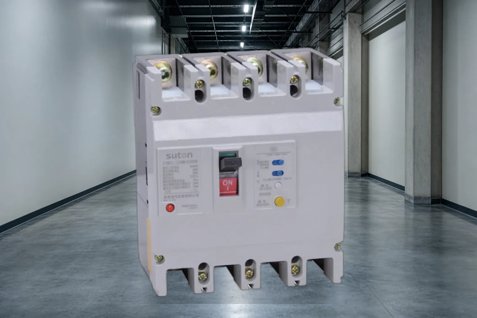residual current circuit breaker — SUTON official product with illustrative industrial background (not a real site photo)