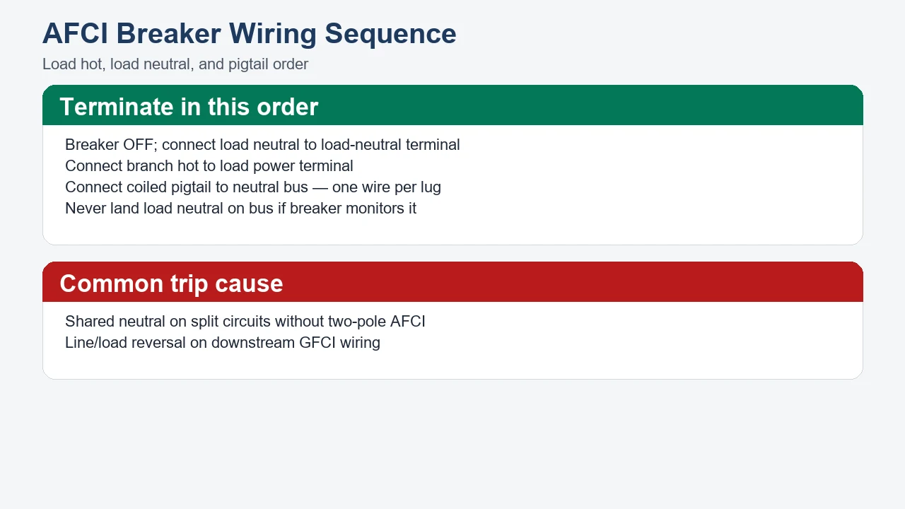 AFCI breaker wiring sequence load neutral and pigtail