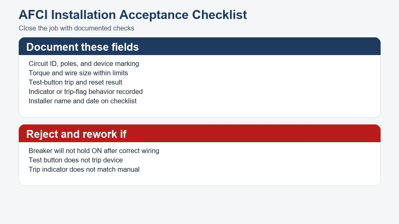 AFCI installation acceptance checklist for panel builders
