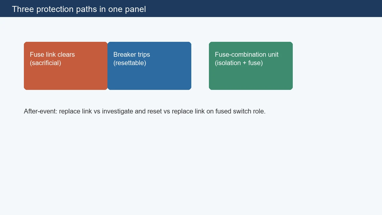 Three protection paths for breaker and fuse roles in one panel
