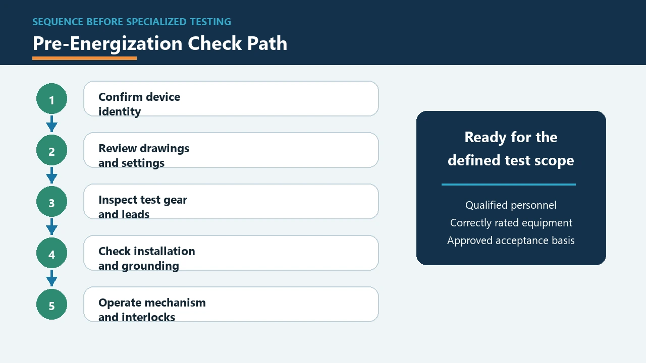 Pre-energization check path for circuit breaker commissioning