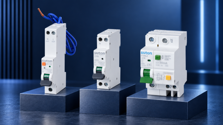 SUTON AFDD, MCB and RCBO product references on separate blocks