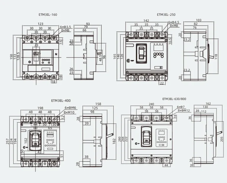 SUTON ETM3EL four-pole residual-current breaker dimensions showing neutral position