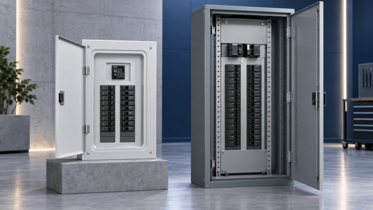 Side-by-side comparison of a compact load center and a larger commercial panelboard