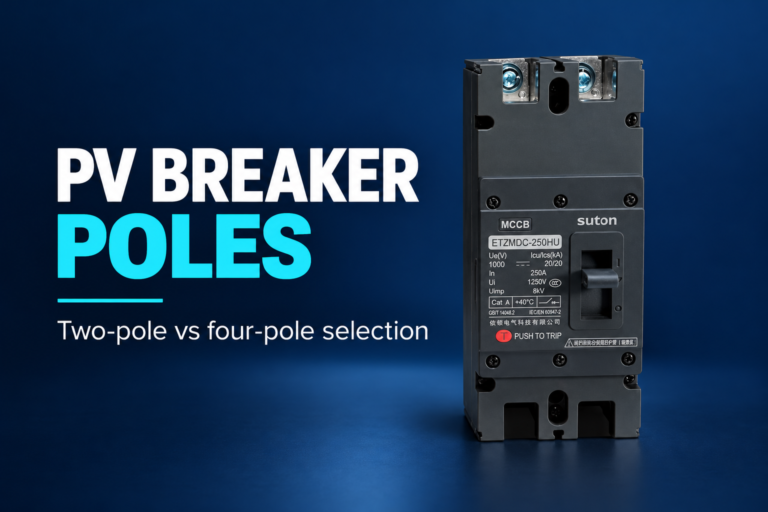 SUTON ETZM PV molded-case DC circuit breaker: disconnected product on a dark editorial background