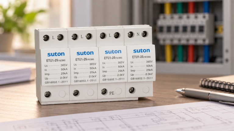 SUTON ETU1 four-module surge protective device, disconnected product on a specification review desk