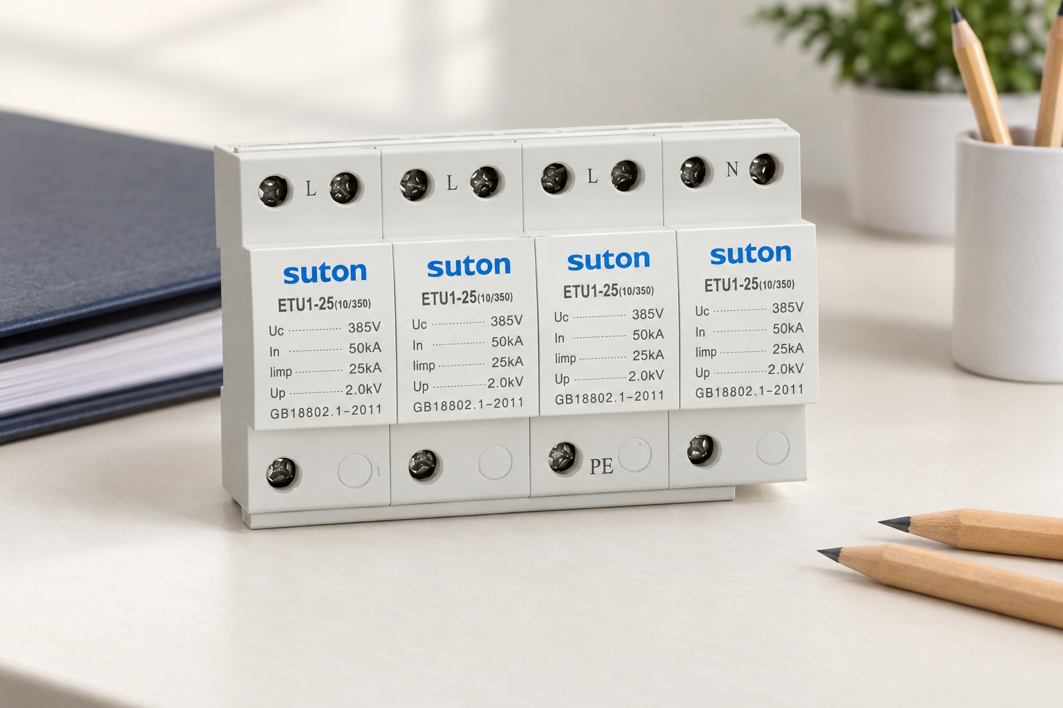 SUTON ETU1 four-module surge protective device, front housing and labeled terminals during product documentation review