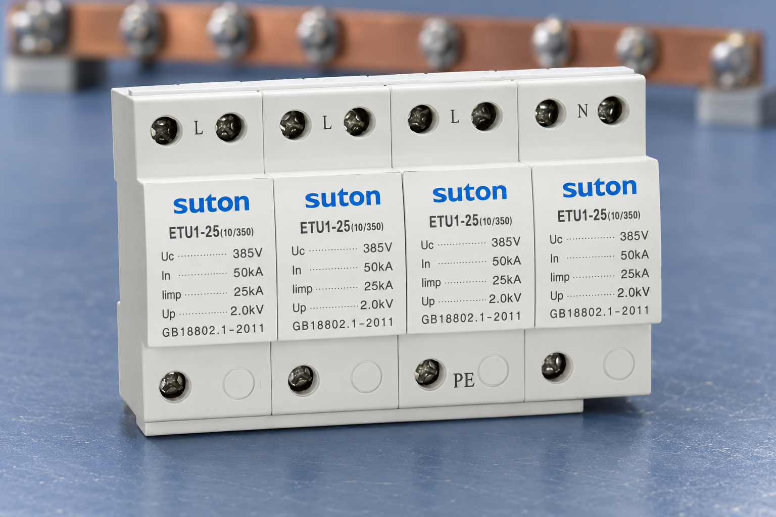 SUTON ETU1 four-module surge protective device, close exterior view of screw terminals and printed rating labels