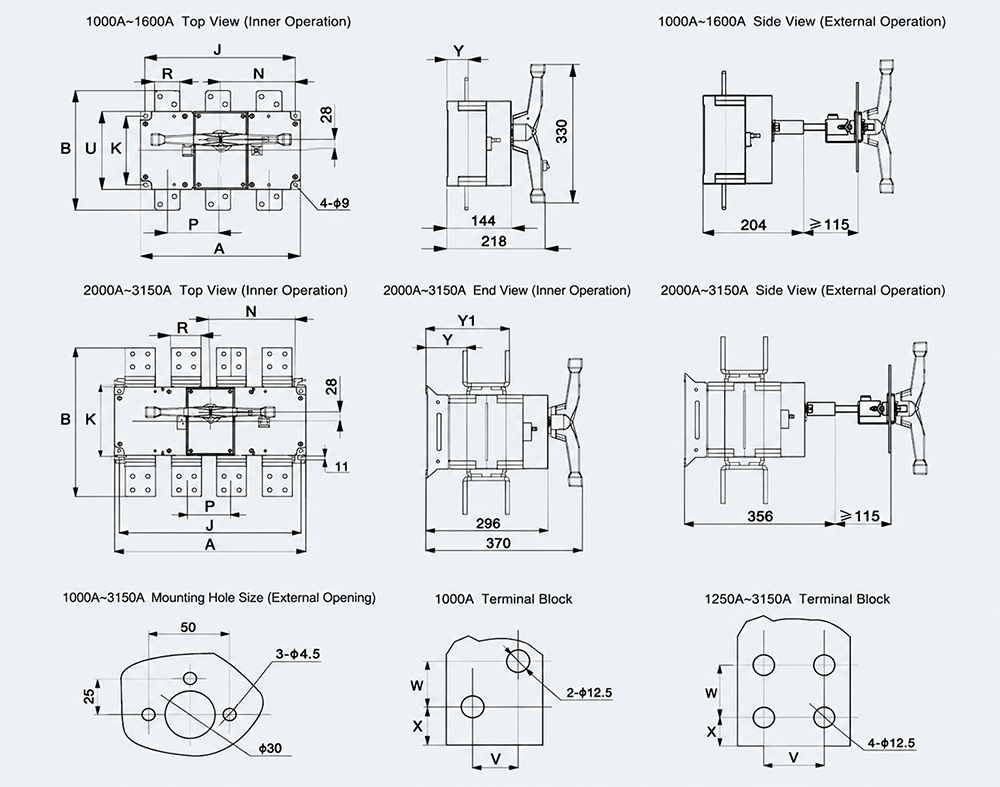 HGL(ETGL)-1000~3150A 0utline and installation Dimensions