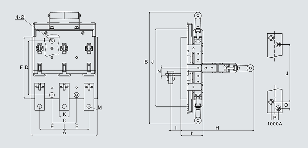 HS11F-600-□ 8 and Above, Front-of-Panel Incoming Rear-of-Panel Outgoing