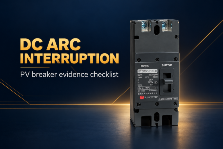 SUTON ETZM PV molded-case DC circuit breaker: disconnected product on a dark editorial background