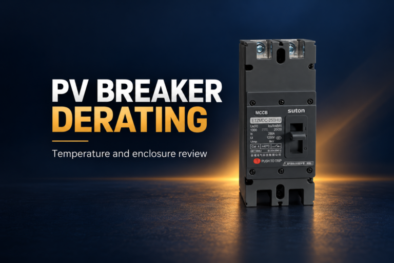 SUTON ETZM PV molded-case DC circuit breaker: disconnected product on a dark editorial background
