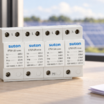 SUTON ETU1 four-module surge protective device, disconnected product on a specification review desk