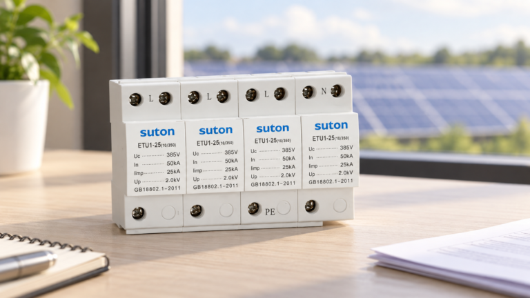 SUTON ETU1 four-module surge protective device, disconnected product on a specification review desk