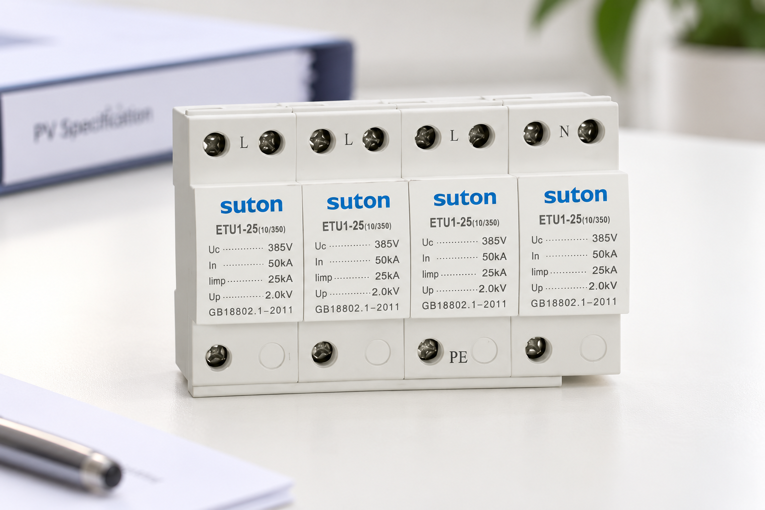 SUTON ETU1 four-module surge protective device, front housing and labeled terminals during product documentation review