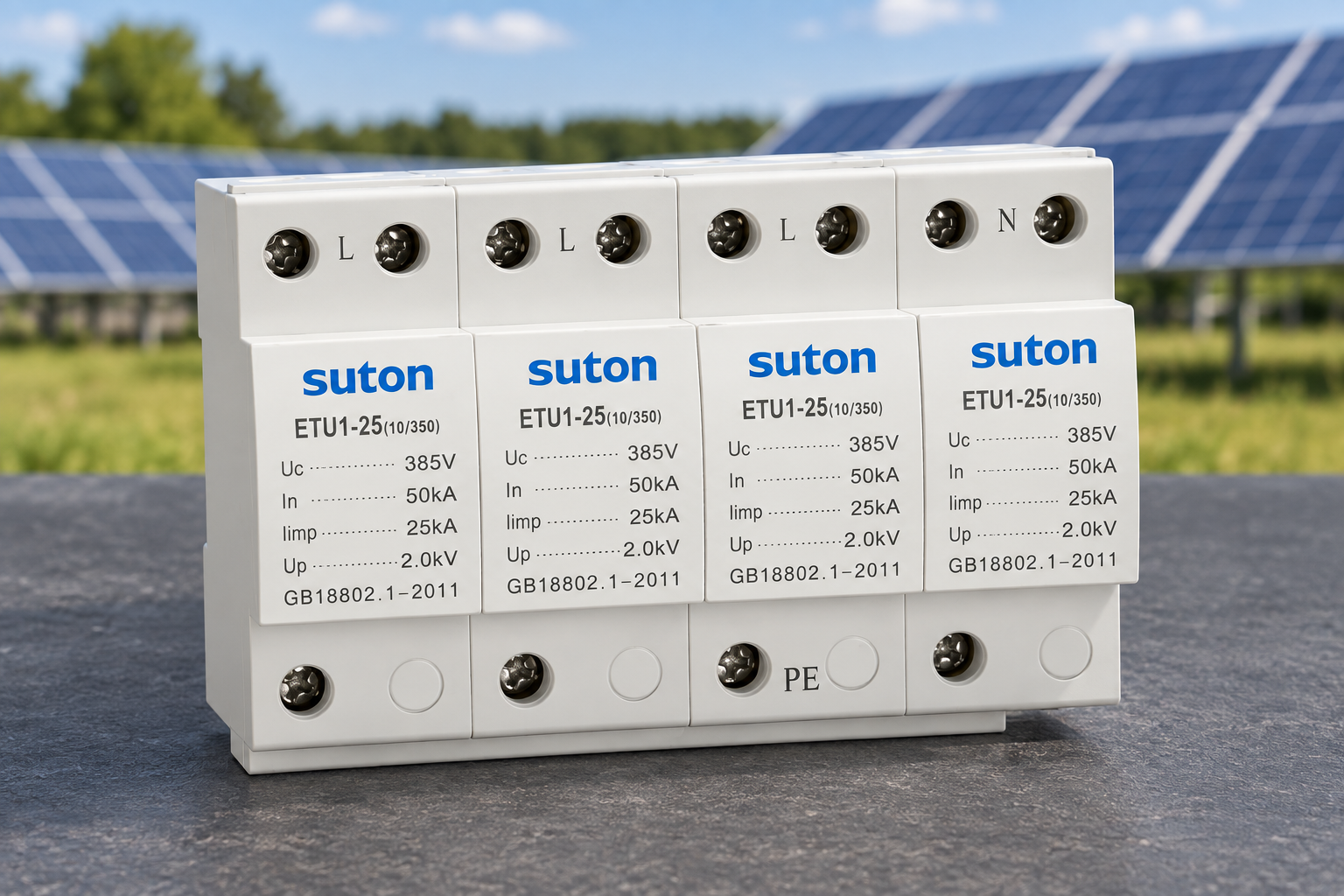 SUTON ETU1 four-module surge protective device, close exterior view of screw terminals and printed rating labels