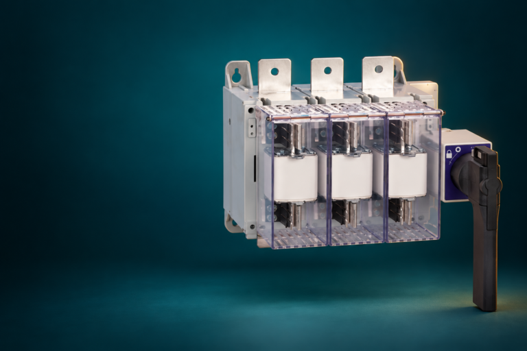 SUTON ETGLR three-fuse switch-disconnector: disconnected product on a dark editorial background