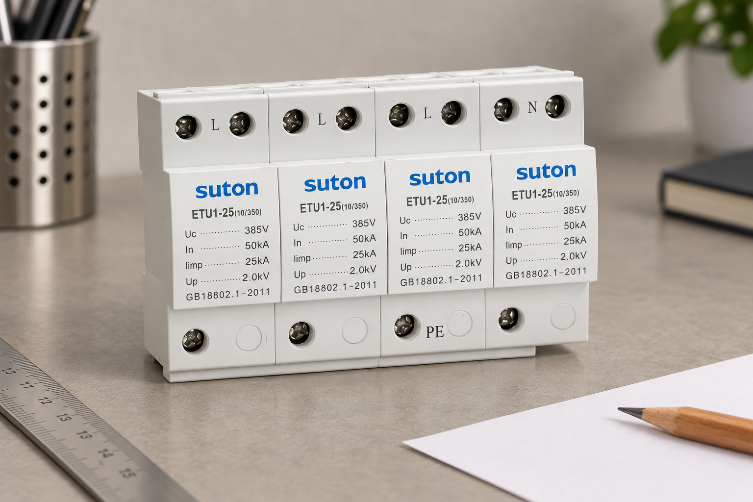 SUTON ETU1 four-module SPD: terminal and housing inspection view