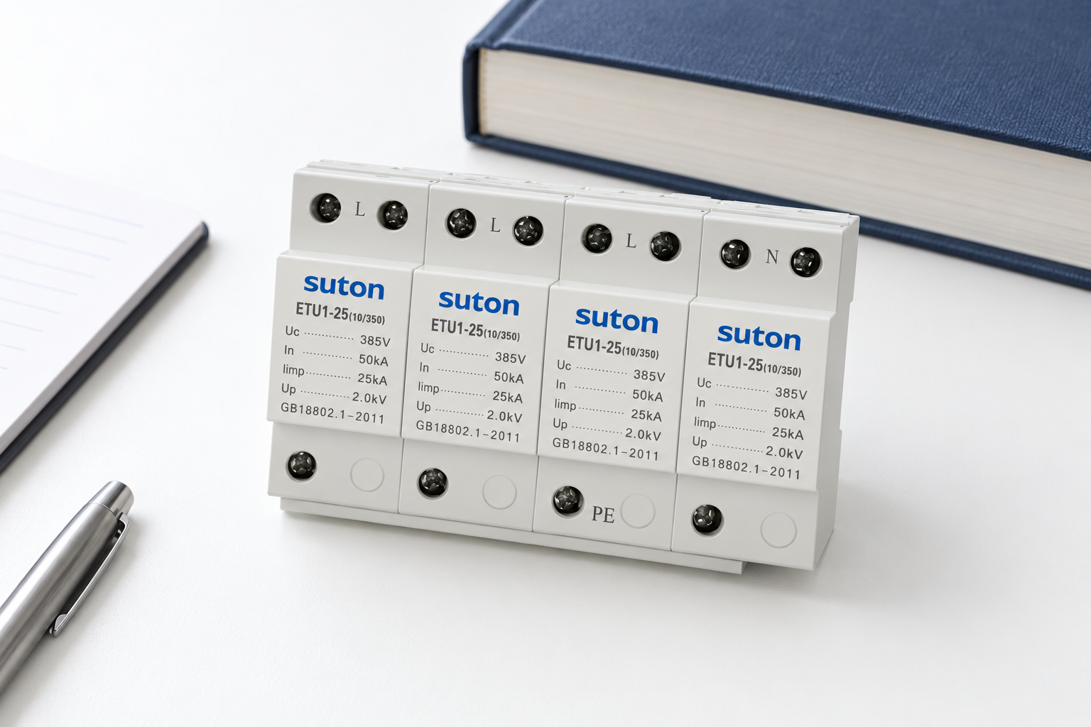 SUTON ETU1 four-module SPD: front housing in a documentation-review setting