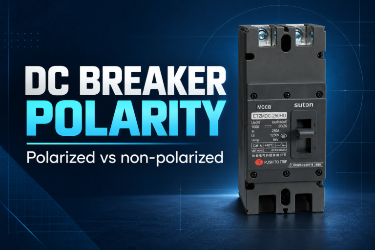SUTON ETZM PV molded-case DC circuit breaker: disconnected product on a dark editorial background