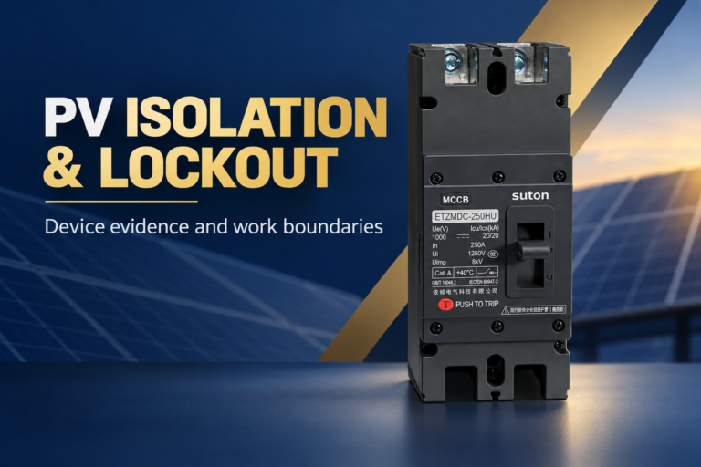 SUTON ETZM PV molded-case DC circuit breaker: disconnected product on a dark editorial background