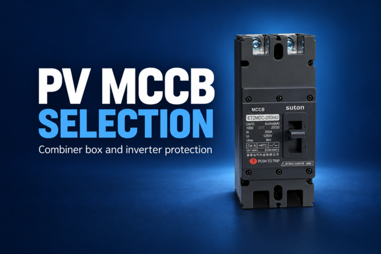 SUTON ETZM PV molded-case DC circuit breaker: disconnected product on a dark editorial background