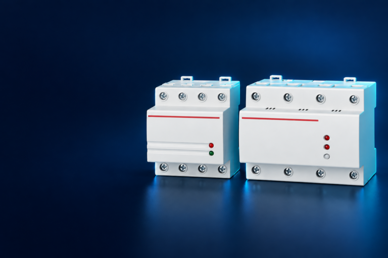 SUTON DZ47-125V1 automatic-reset voltage protector family: disconnected product on a dark editorial background