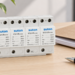 SUTON ETU1 four-module surge protective device, disconnected product on a specification review desk