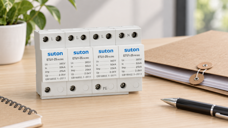 SUTON ETU1 four-module surge protective device, disconnected product on a specification review desk