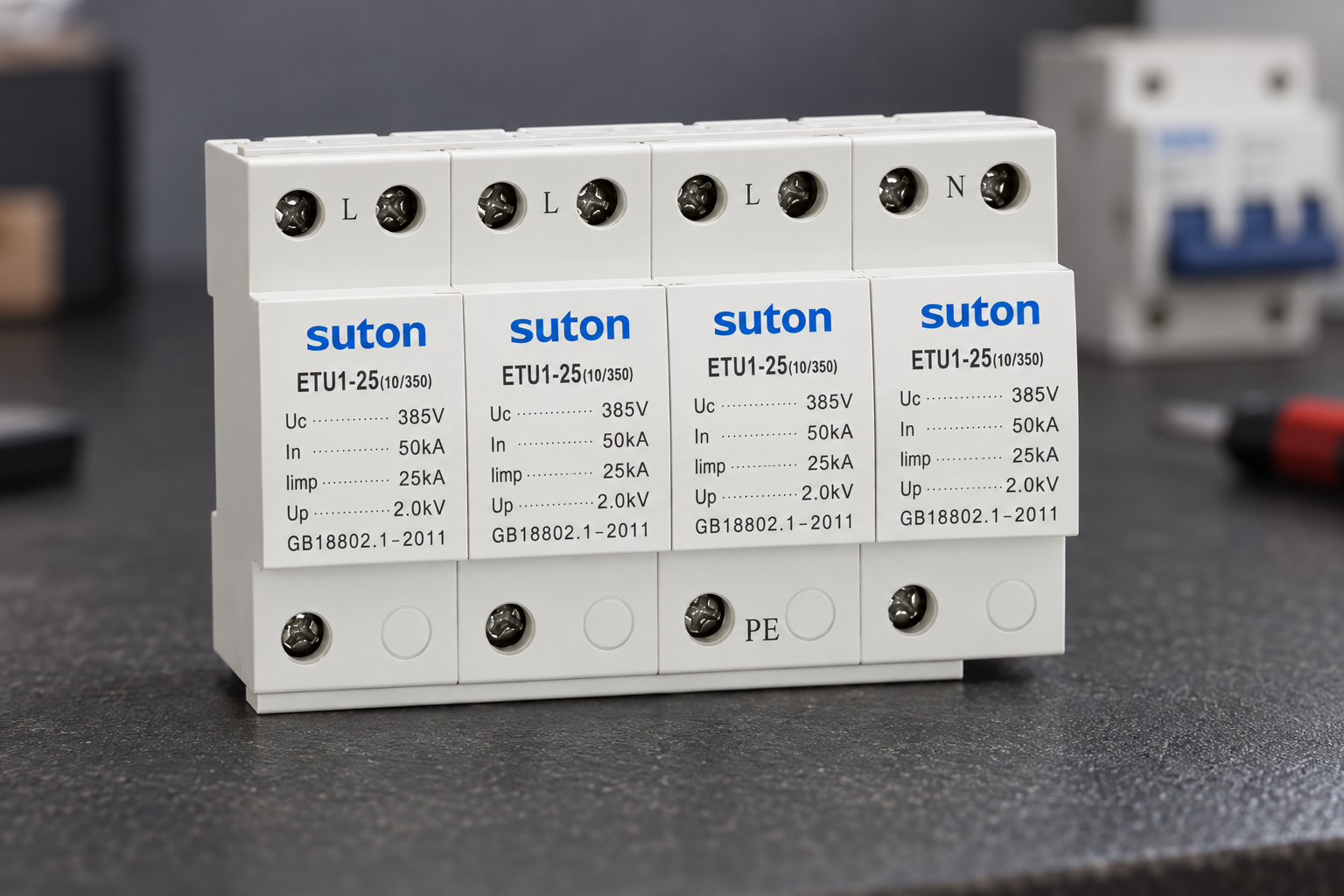 SUTON ETU1 four-module surge protective device, close exterior view of screw terminals and printed rating labels
