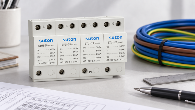 SUTON ETU1 four-module surge protective device, disconnected product on a specification review desk
