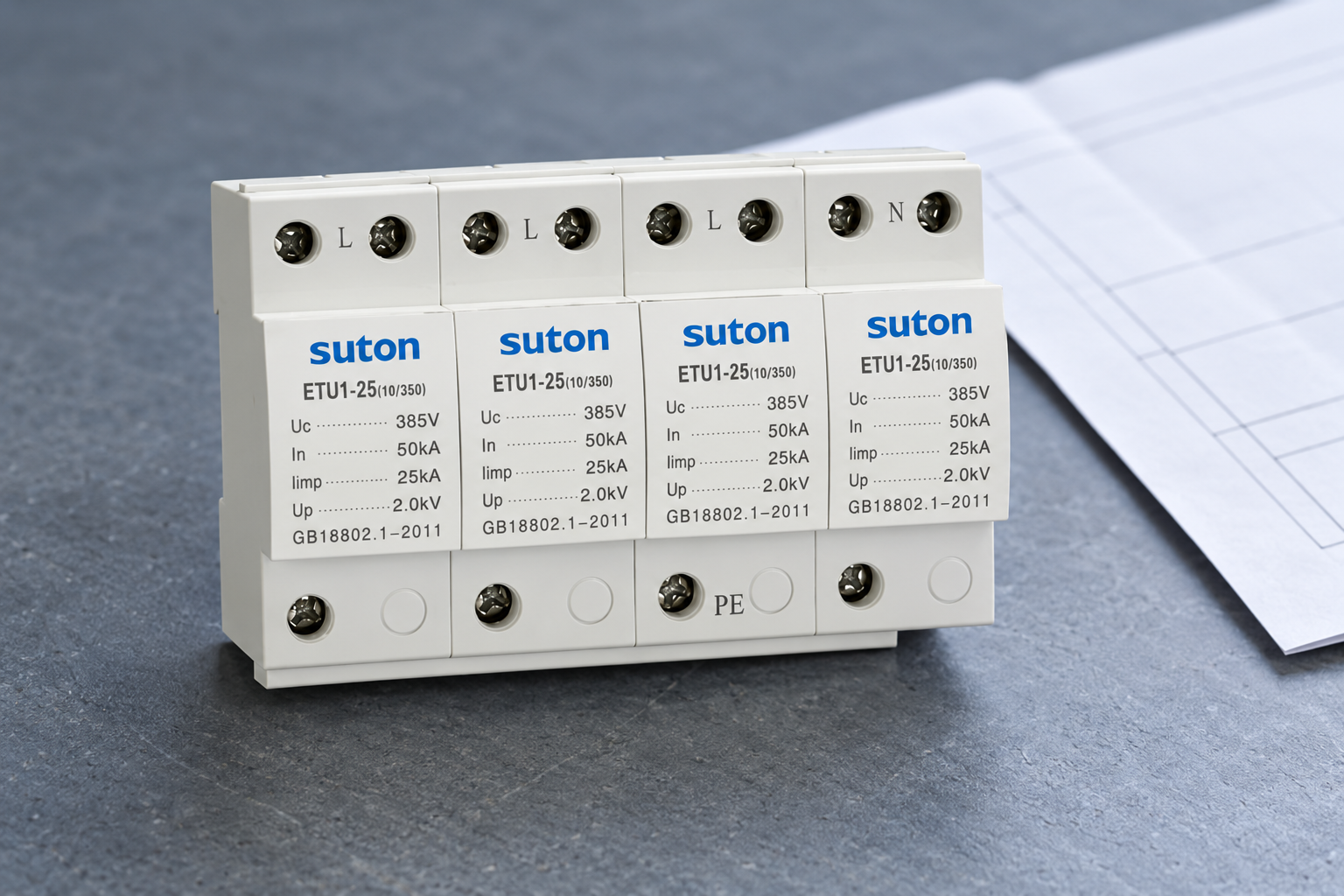 SUTON ETU1 four-module surge protective device, close exterior view of screw terminals and printed rating labels