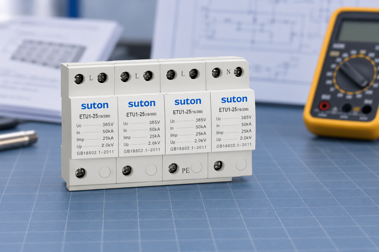 SUTON ETU1 surge protective device: front housing and labeled terminals