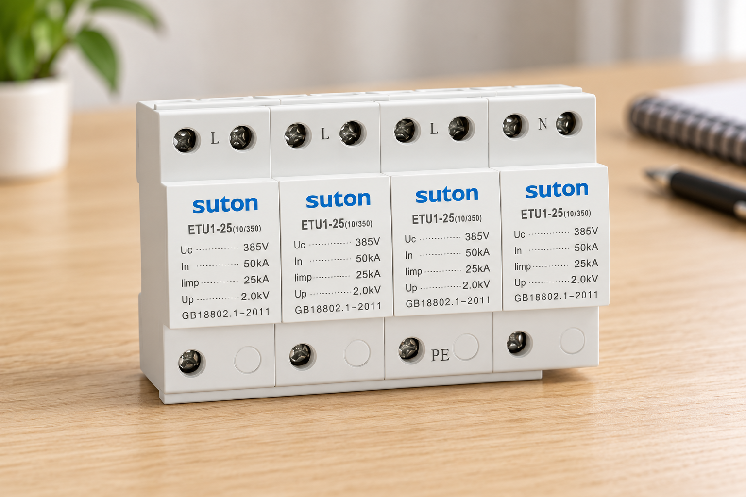 SUTON ETU1 surge protective device: exterior terminals and printed ratings