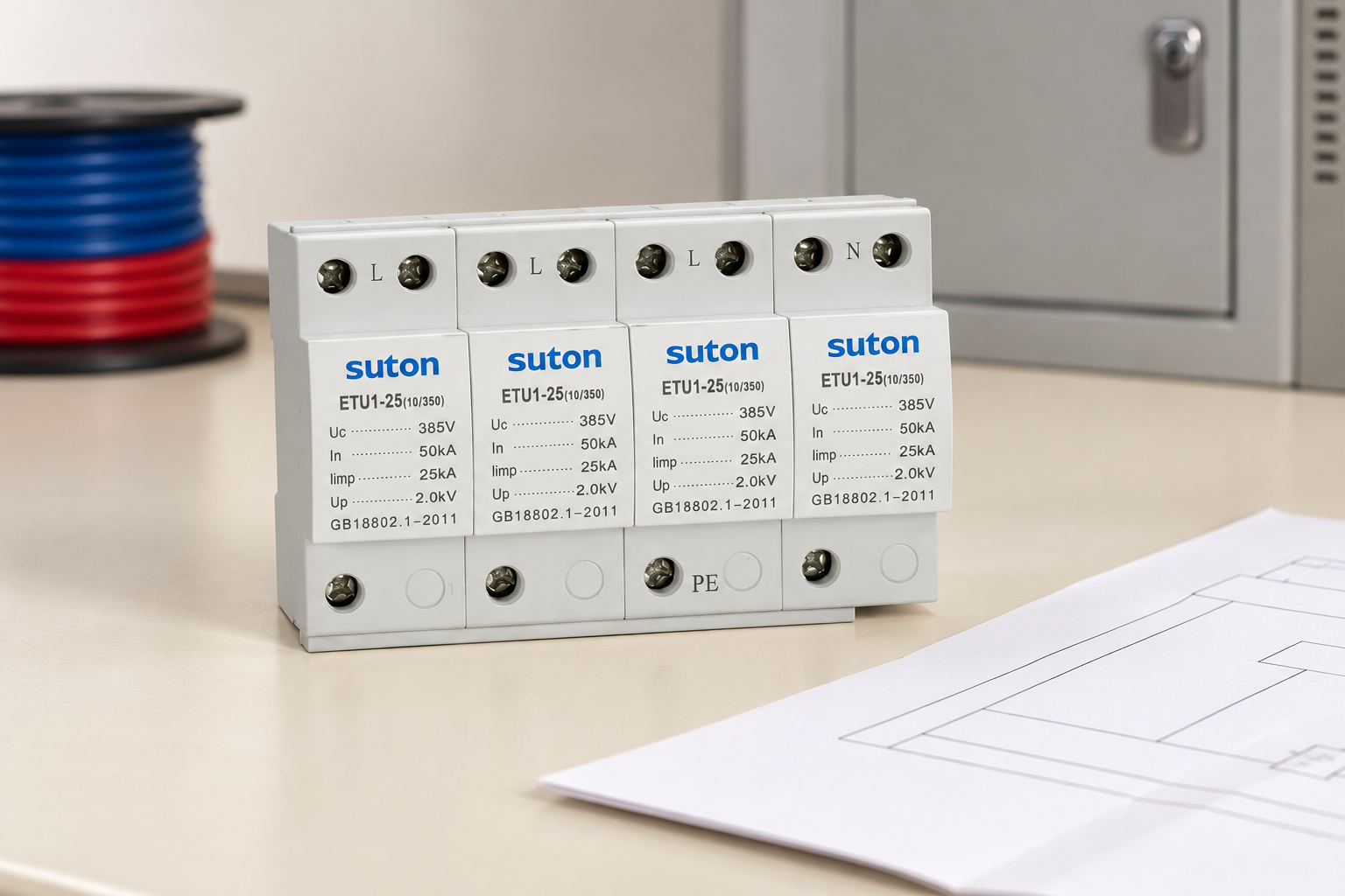 SUTON ETU1 four-module SPD: front housing in a documentation-review setting