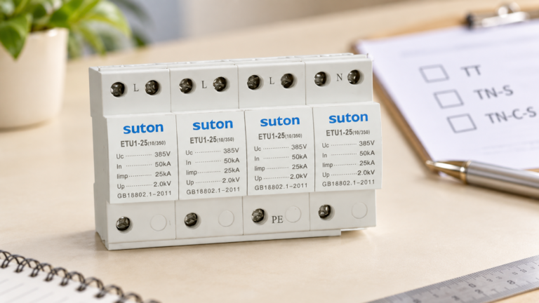 SUTON ETU1 four-module surge protective device, disconnected product on a specification review desk