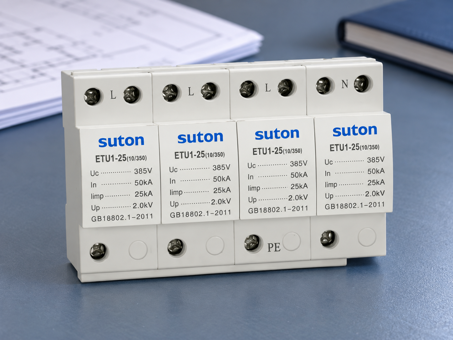 SUTON ETU1 four-module surge protective device, close exterior view of screw terminals and printed rating labels