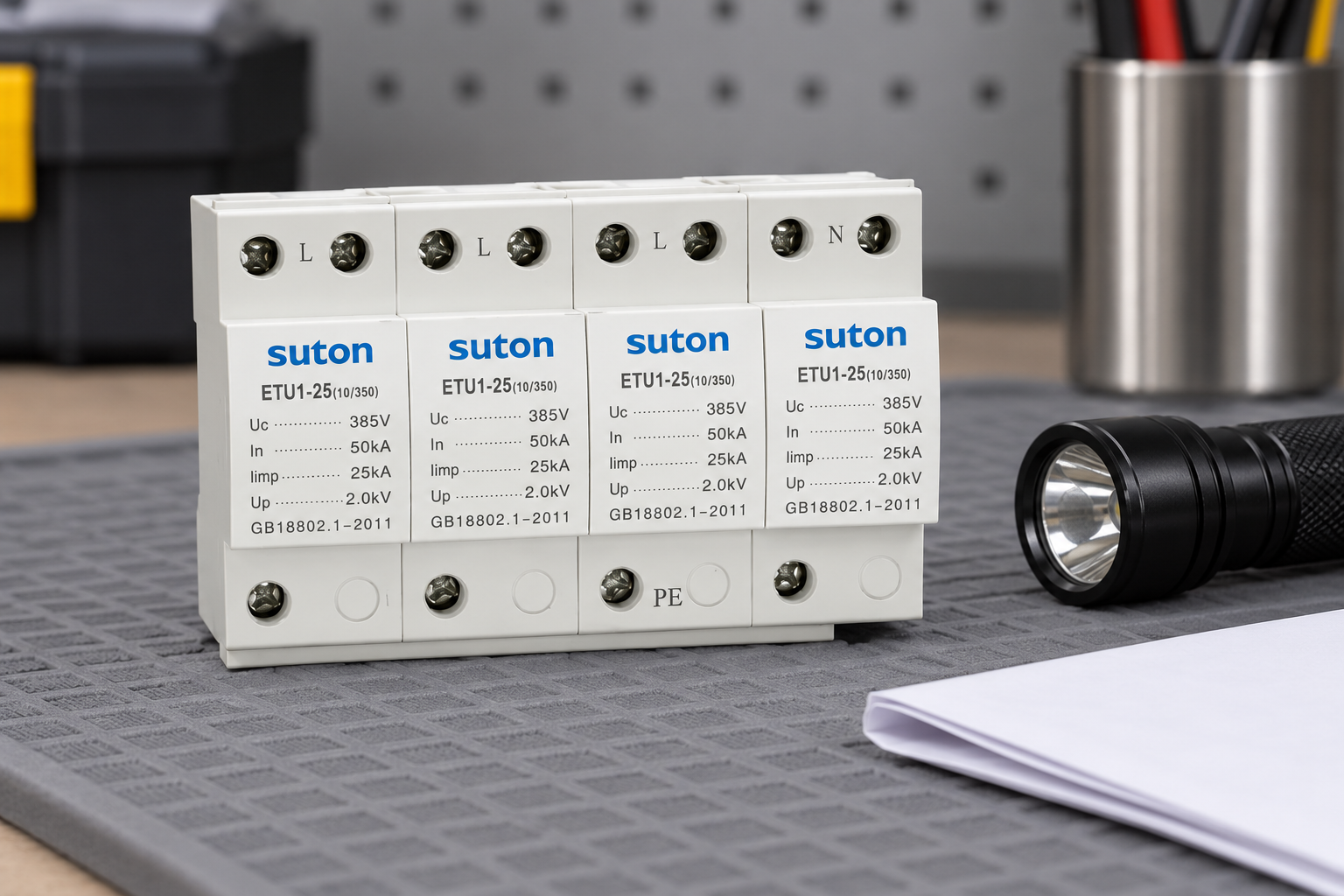 SUTON ETU1 surge protective device: front housing and labeled terminals