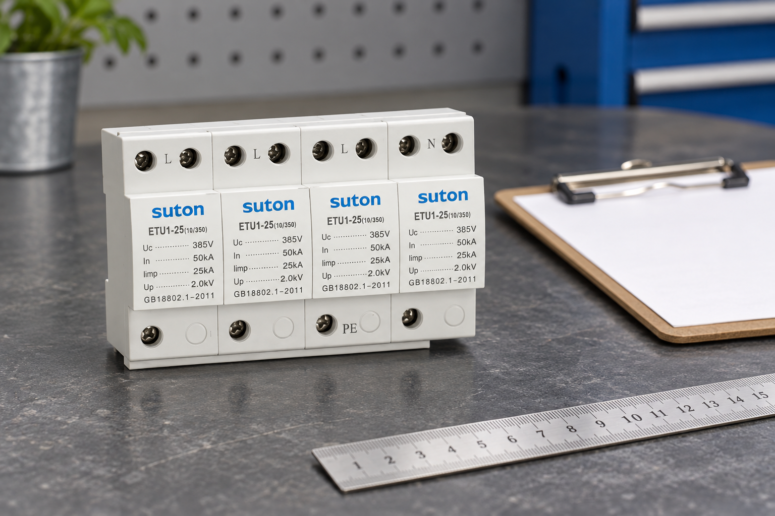 SUTON ETU1 surge protective device: exterior terminals and printed ratings
