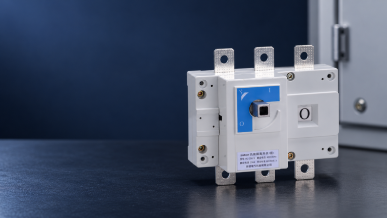 SUTON ETGL(HGL) three-pole switch-disconnector: disconnected product on a dark editorial background