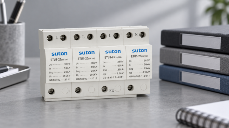 SUTON ETU1 four-module surge protective device, disconnected product on a specification review desk