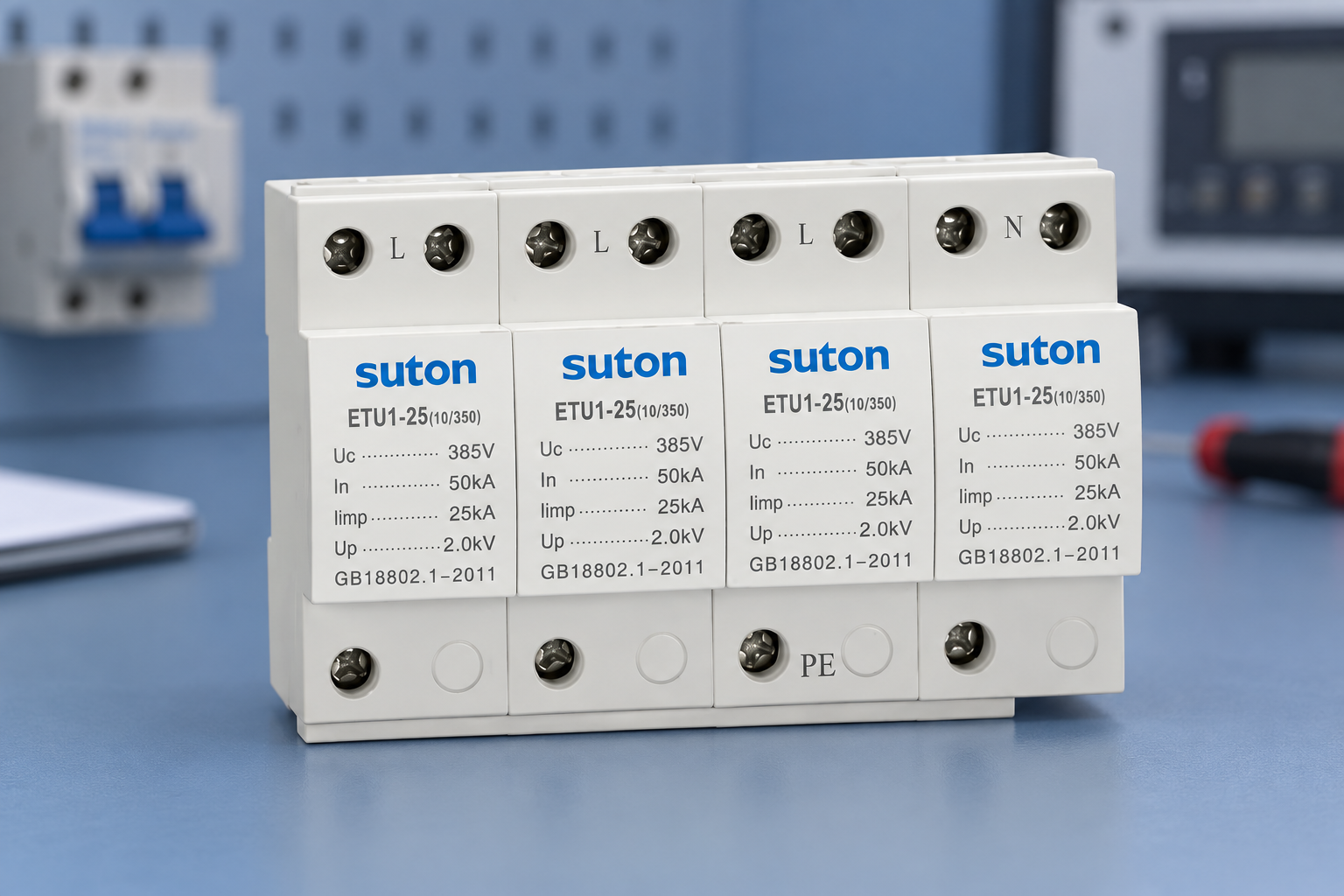 SUTON ETU1 four-module surge protective device, close exterior view of screw terminals and printed rating labels