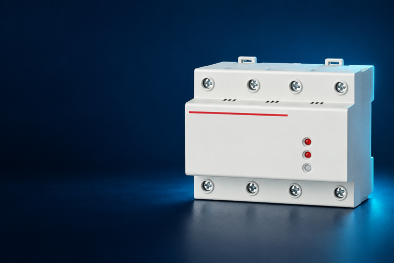 SUTON DZ47-125V1 automatic-reset voltage protector family: disconnected product on a dark editorial background